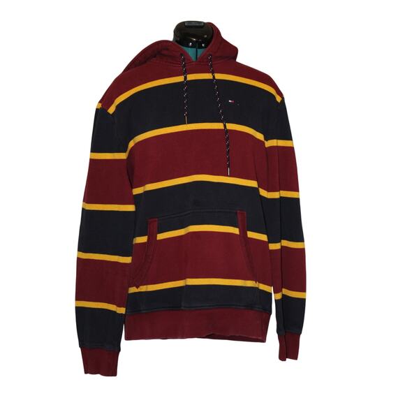 Tommy Hilfiger Men’s Hoodie Burgundy Navy Yellow Striped Sweatshirt Size M - Picture 2 of 4